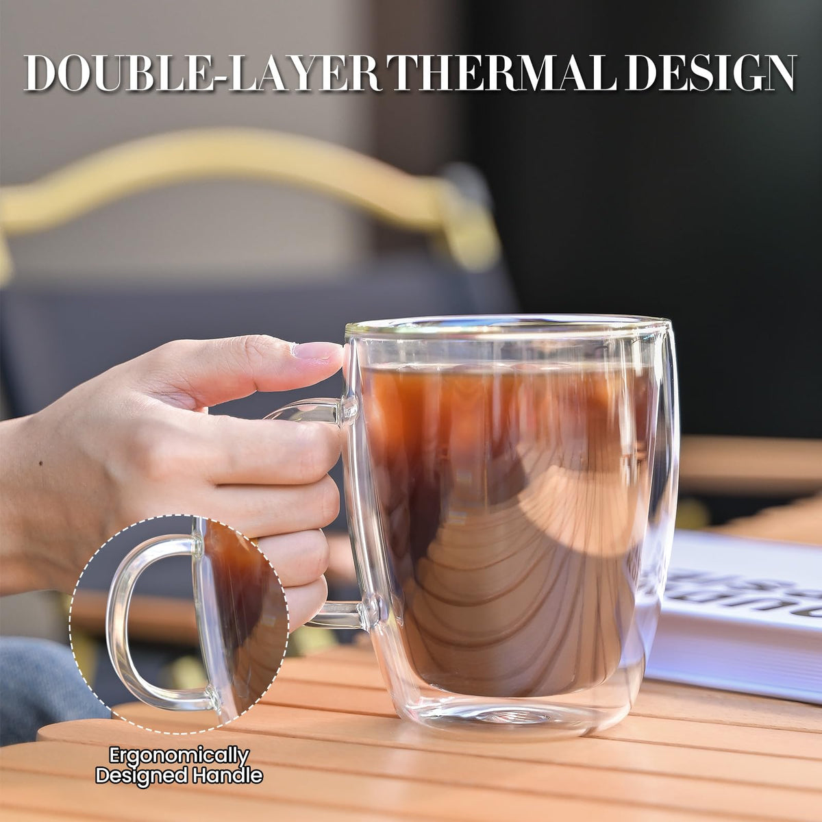 Clear 16 oz double wall glass mug with handle