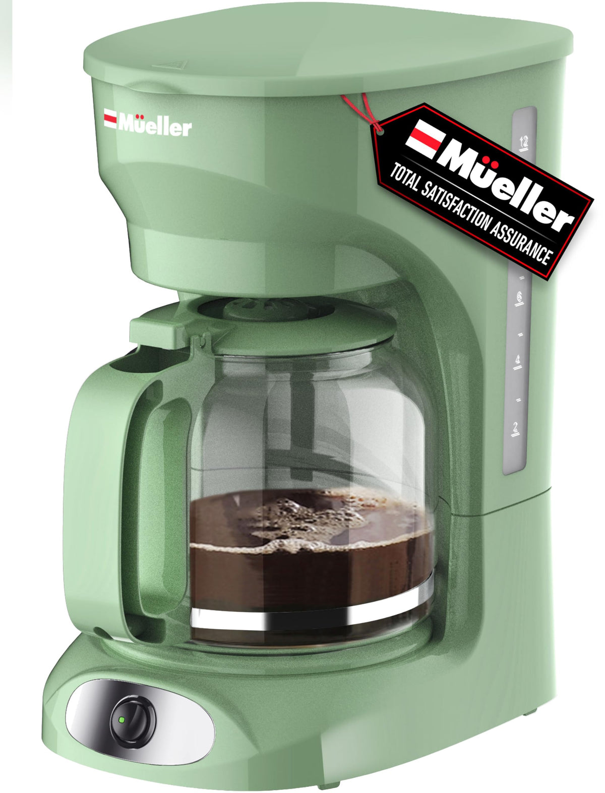 Green 12-cup drip coffee maker with glass carafe
