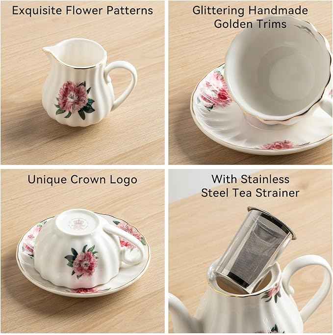 Sweejar Porcelain Tea Sets British Royal Series, 8 OZ Cups & Saucer Service for 6, with Teapot Sugar Bowl Cream Pitcher Teaspoons and Tea Strainer, Suitable for High Tea, Wedding, Party
