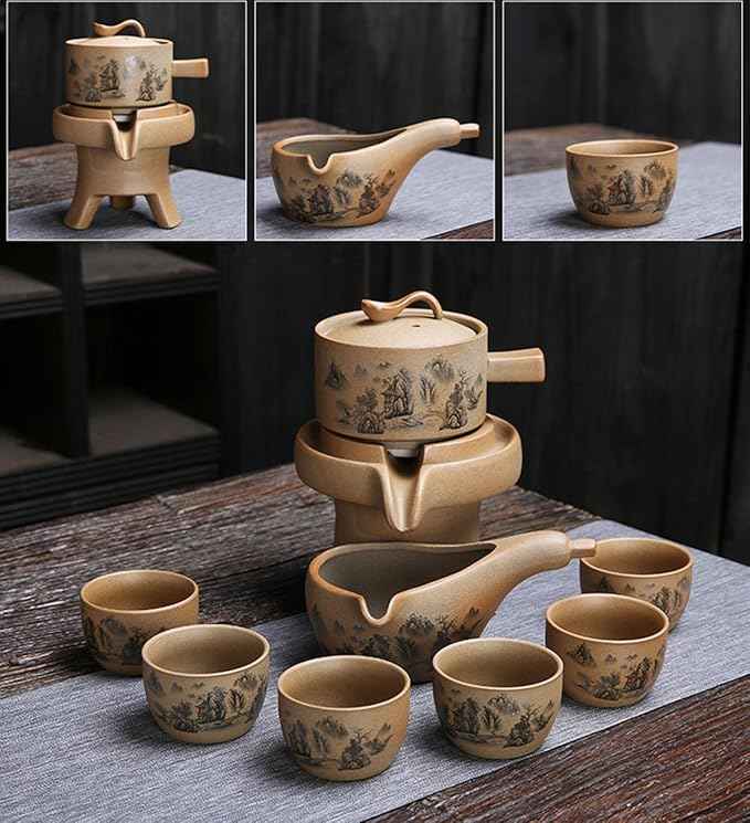 Chinese Gongfu Tea Gift Set, Semi-Automatic Stone-Mill Design Ceramics Tea Set Rotate TeaPot 6 Cups for Adults Men Women Tea Ceremony Party Home Office Decor (landscape)