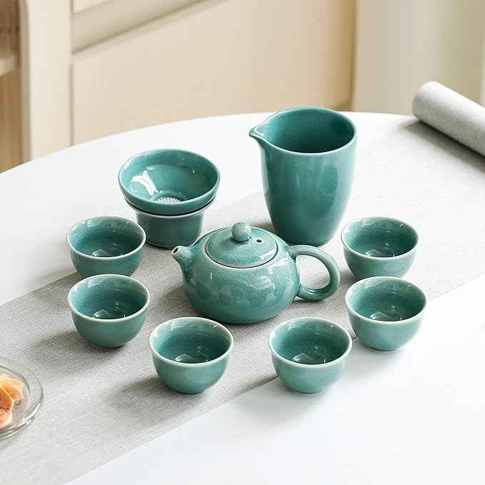 Chinese Tea Set, 10-Piece Ceramic Set with Teapot and Cups, Gongfu Tea Set,Tea Gift Sets,Outdoor and Office (Ge Kiln Green)