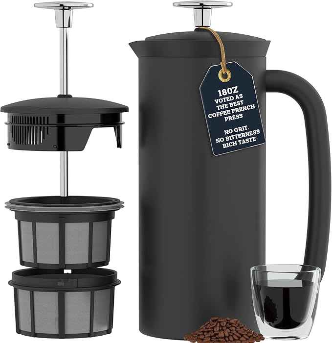 ESPRO P7 French Press Stainless Steel 304 – Patented Double Walled Micro-Filter Insulated French Press Coffee Maker, Grit-Free Brew - Heat Resistant BPA Free - Matte Black (18oz)