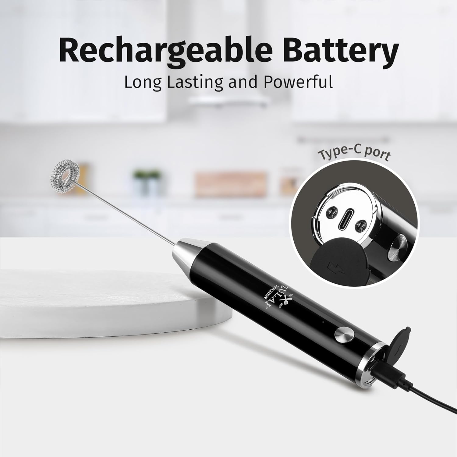 Zulay Kitchen Lux Rechargeable Milk Frother Handheld - Powerful 2-Speed Motor, Fully Waterproof, 2000mAh Battery - Drink Mixer For Latte, Cappuccino, Matcha, Protein Powder - Black