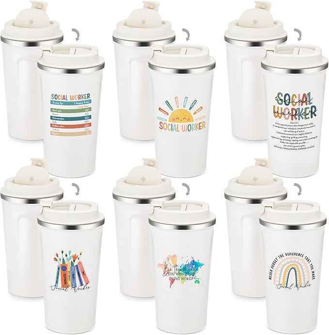 Yungyan 6 Pcs Social Work Month Gifts Social Worker Appreciation Gifts for Women Men Coworker Office Stainless Steel Insulated Tumblers Coffee Travel Mug Cup with Lid for Bsw Msw Dsw