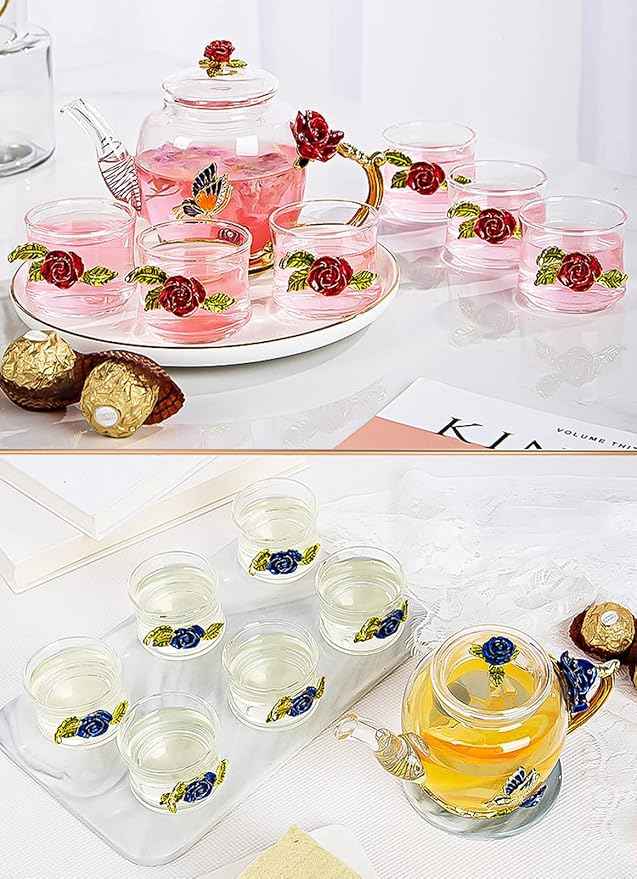 xixi-home Blue Rose Glass Tea Set，teapot heat-resistant glass tea cup 7-piece set thickened transparent craft coffee cup set fashion ladies tea set，Mother's Day gift-exquisite gift box
