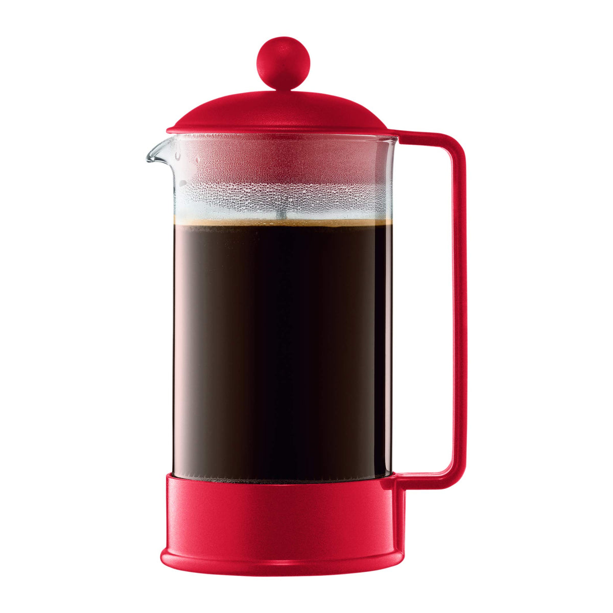 Red 34 oz French press coffee maker with glass carafe