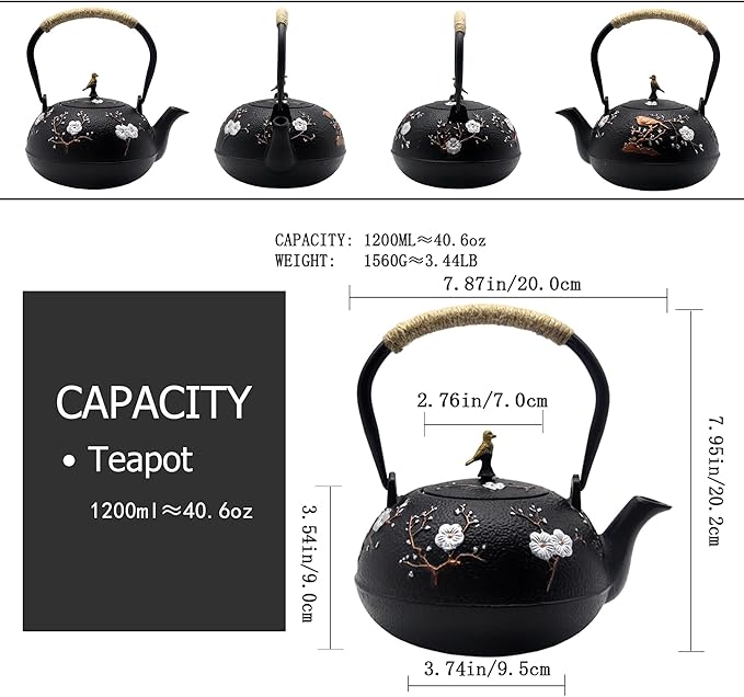YJX Cast Iron Teapot, Japanese Style Tetsubin, Tea Kettle with Stainless Steel Infuser for Loose Tea, Internal Enamel Iron Tea Pots for Stovetop or Induction Cooker Safe(40.2oz/1200ml)