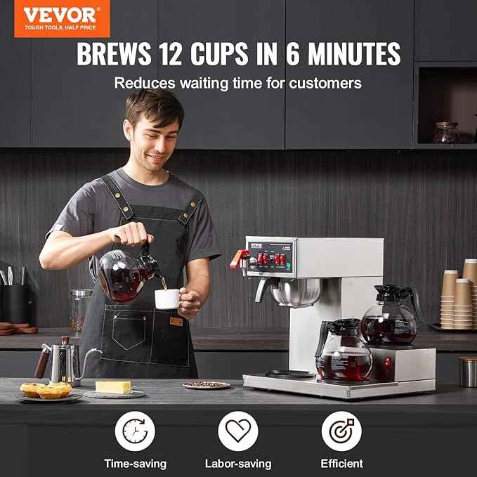 VEVOR 12 Cups Commercial Drip Coffee Maker, Coffee Maker Machine with 3 Glass Carafes and 3 Warmer Plates, Stainless Steel Pour Over Coffee Brewer with Auto Water Intake, for Restaurant Office Cafe