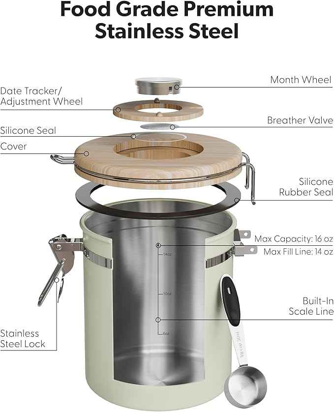 Veken Coffee Sugar Canister with Window, Airtight Stainless Steel Kitchen Food Storage Container with Lids, Date Tracker and Scoop for Grounds Coffee, Beans, Tea, Flour, Cereal Jars, 16OZ, Cream