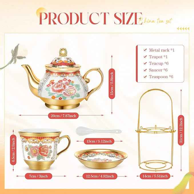 20 Pcs Porcelain Tea Set for Adults with Metal Holder and Spoon European Ceramic Tea Party Set Flower Painting Teapot Cup Saucer for Christmas Women Gifts, Serving 6 People(Classic)