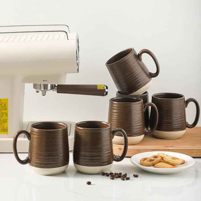 Hasense Porcelain Coffee Mugs Set of 6, 15 Ounce Large Ceramic Coffee Cups Set with Handle for Latte, Tea, Cocoa and Hot Chocolate, Brown Coffee Mugs for Men and Women, Microwave Safe