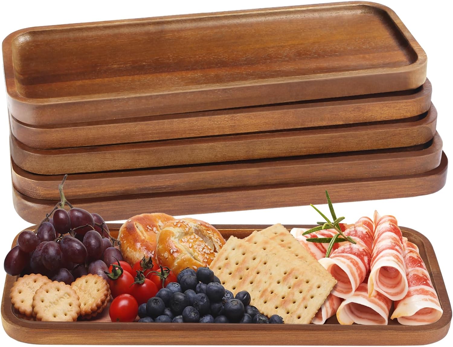 Solid Acacia Wood Serving Trays and Platters - Wooden Mini Charcuterie Boards, Rectangle Small Cheese Board for Food, Bathroom, Home Decor, Kitchen Counter, (14