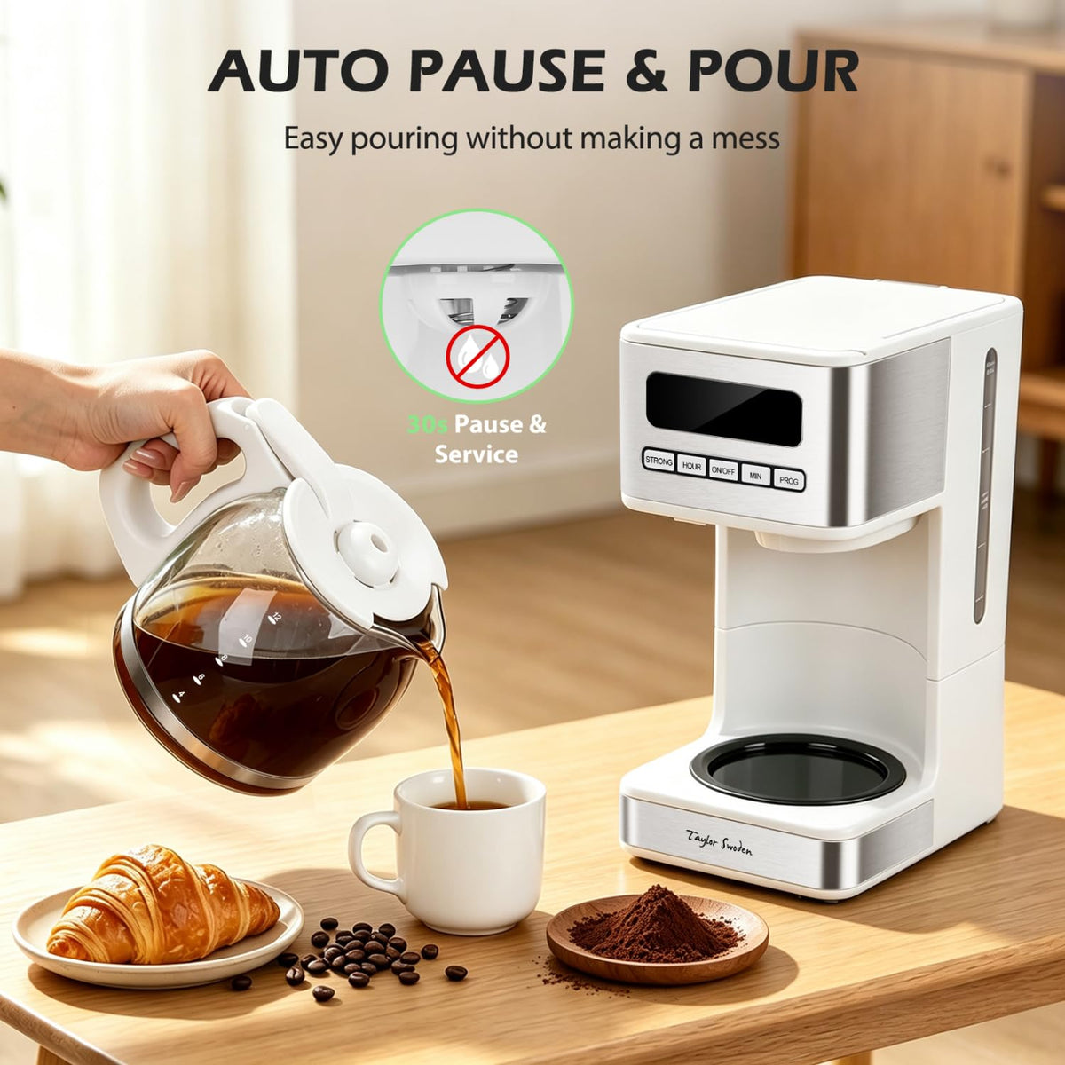 Compact 12-cup coffee maker with cord storage