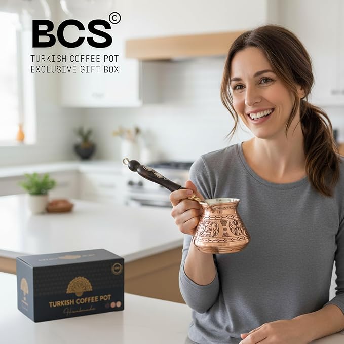 BCS 18 Oz X-Large Copper Turkish Greek Arabic Coffee Pot with Wooden Handle (6 servings) Cezve Ibrik Briki Stovetop Coffee Maker (Includes Wooden Spoon)