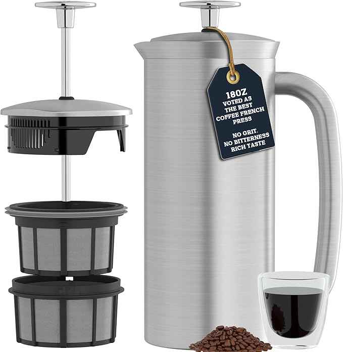 ESPRO P7 Brushed Stainless Steel French Press 304 – Patented Double Walled Micro-Filter Insulated French Press Coffee Maker, Grit-Free Brew - Heat Resistant BPA Free (18oz)