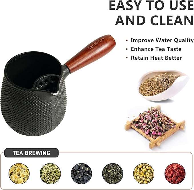 600ml Cast Iron Teapot Set, Japanese Tea Kettle for Stovetop without Lid, 20.3 fl oz Tea Set with Stainless Steel Teacups and Cast Iron Tea Warmer, Tea Ball for Loose Leaf, Wooden Side-handle