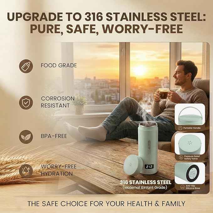 Portable Electric Kettle forTravel, Small Hot Water Kettle with NTC Temperature Control and Auto Shut-Off, 316 Stainless Steel, Green 120V & 15oz