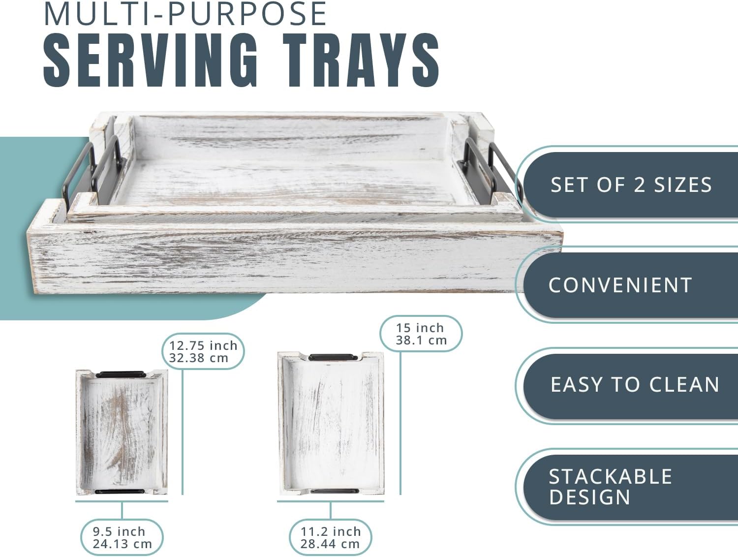 Rustic Wooden Serving Trays with Handle - Set of 2 - Large and Small Nesting Multipurpose Trays - for Breakfast, Coffee Table/Butler & More - Rustic White