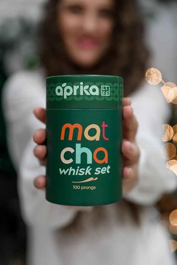 Aprika Life Matcha Bamboo Whisk Set 3 Pcs - Bamboo Whisk (Chasen) 100 Prongs, Scoop (Chashaku) & Stainless Steel Spoon - Handmade from 100% Natural Wood - Perfect for Japanese Matcha Green Tea