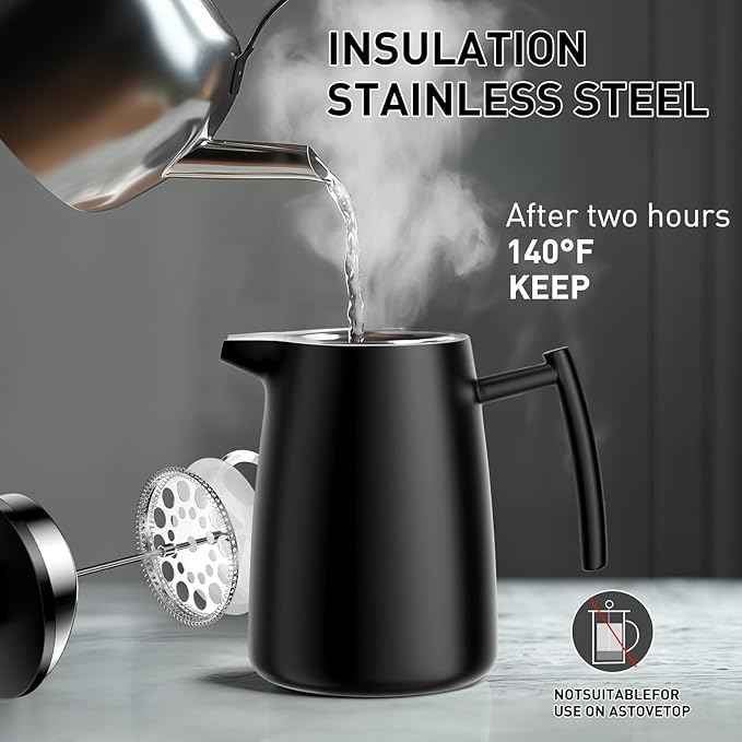 Secura 50oz French Press Coffee Maker – 304 Stainless Steel, Insulated Coffee Press with Extra Filter, Black