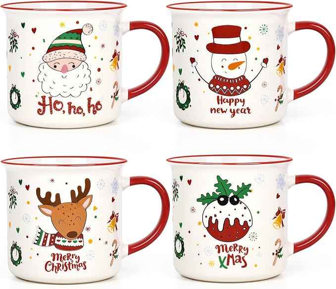 YHRJWN Christmas Mugs Set of 4, Festive Design Coffee Mugs with Santa Snowman Reindeer, Holiday Mugs for Hot Cocoa, Gifts for Family Friends, Holiday Decor, 13 Oz