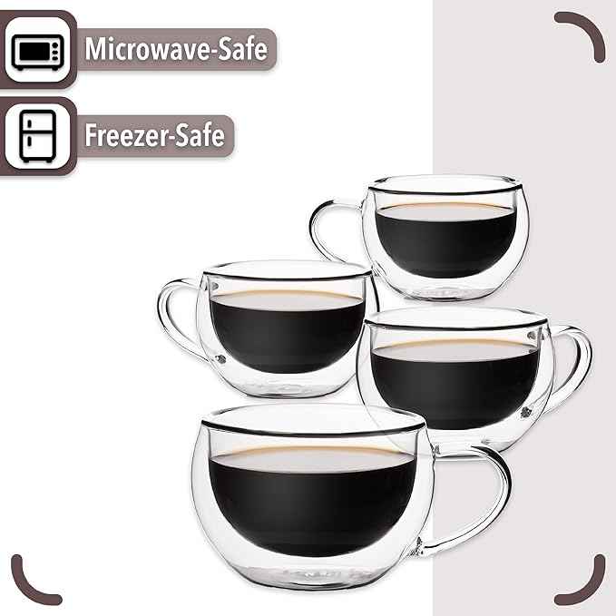 BTaT- Double Walled Espresso Cups, 6 oz, Set of 4, Clear Coffee Mugs, Double Wall Insulated Espresso Cups, Small Coffee Mugs for Tea, Lattes, Macchiatos, Hot & Cold Beverages, Microwave Safe
