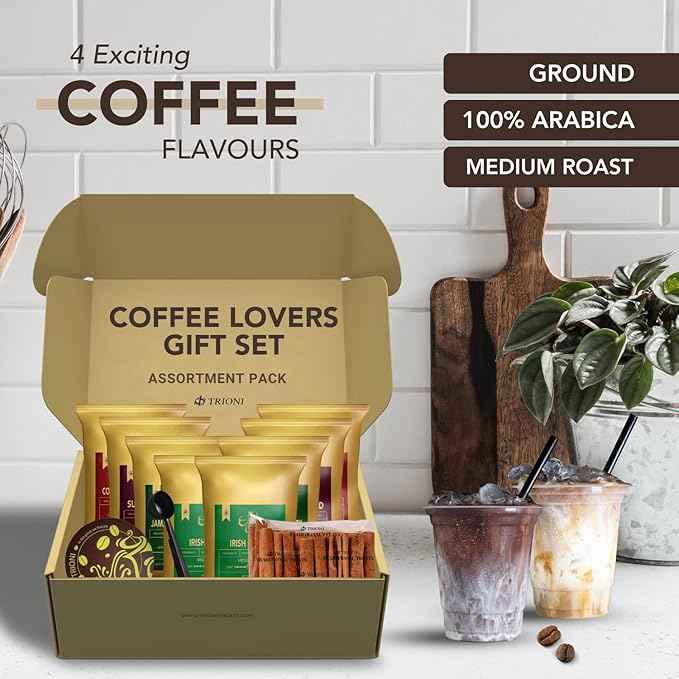 Coffee Sampler Gift Set - (8x2.5oz) TRIONI Ground Coffee Medium Roast Individual Coffee Packets Variety Pack - 4 Unique Flavored Coffee Packs - Including a Cinnamon Sticks, Coaster, Bag Clip and Spoon