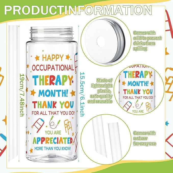 Vesici 24 Pcs 14.2oz Occupational Therapy Month Gifts Tumbler with Lid and Straw Plastic Reusable Tumbler Bulk Inspirational Gifts Cold Drinking Cup for Women Men Coworker Stuff