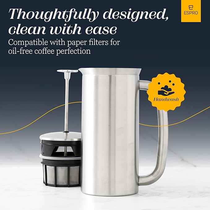 ESPRO P7 Brushed Stainless Steel French Press 304 – Patented Double Walled Micro-Filter Insulated French Press Coffee Maker, Grit-Free Brew - Heat Resistant BPA Free (18oz)