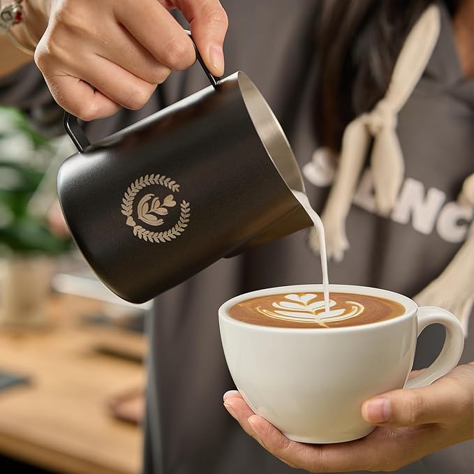 Espresso Milk Pitcher, 600ml / 20.3oz Milk Frothing Jug, Sharp Spout Latte Art Pitcher with Wide Thick Handle (Black)