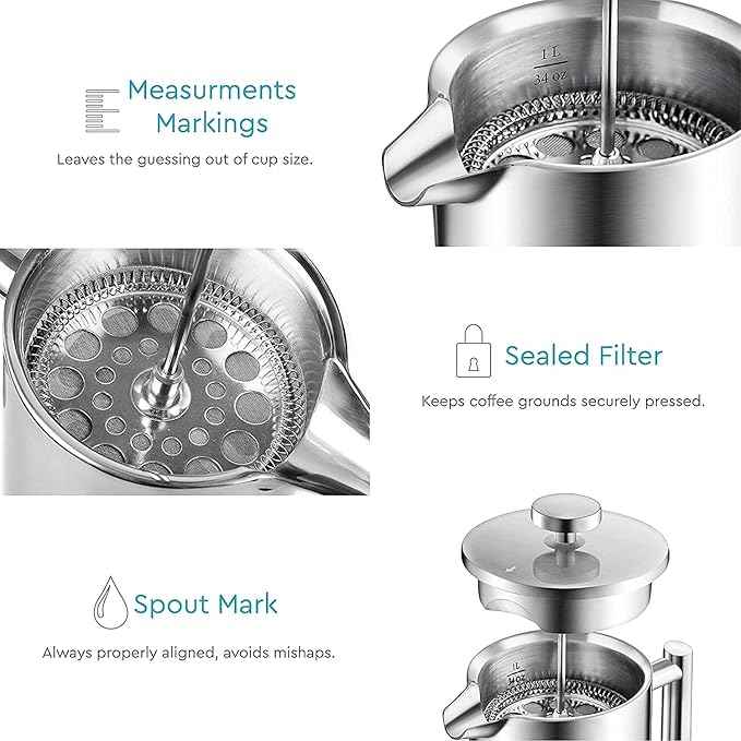 Belwares French Press Coffee Maker 34oz - 304 Stainless Steel Insulated Coffee Press, Double-Wall Heat Resistant Design with 4-Level Filtration System, Rust-Free & Dishwasher Safe (1.5 Liter), Silver