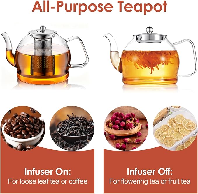 1800ml Glass Teapot with Infuser, Stovetop Safe Large Tea Pot, Hand Crafted Borosilicate Glass Tea Kettle, Blooming and Loose Leaf Tea Maker for Tea Lovers, Tea Gift Set with Cleaning Brush