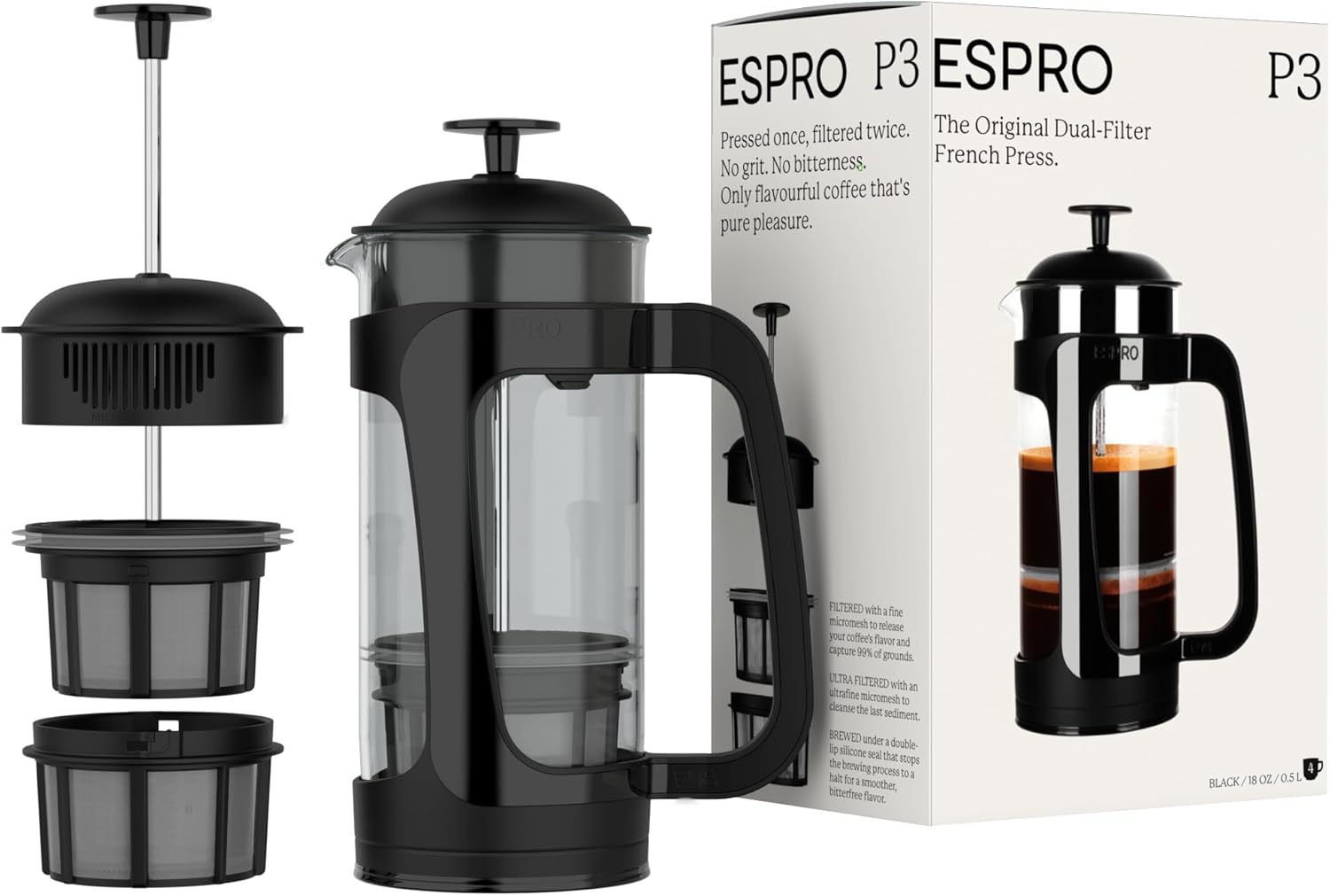 ESPRO - P3 French Press Coffee Maker – Patented Double Microfilter for Sludge and Grit Free Coffee, Black, 18 oz - Blissbrew