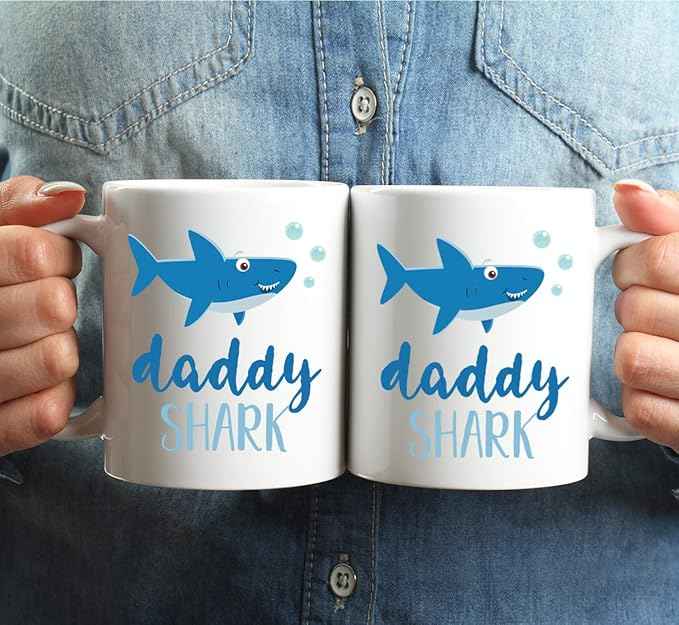 Andaz Press Baby Shark Gay Family 11oz. Coffee Mug Gift Set, Daddy Shark, Daddy Shark, 2-Pack, Shark Do Do Do Gift Idea Birthday Christmas Gifts for Father's Day