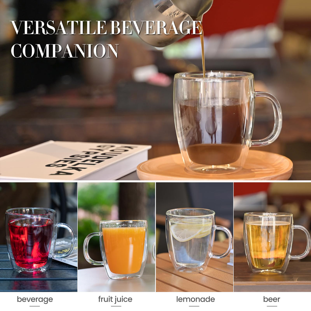 Clear glass cappuccino and latte mug, pack of 4