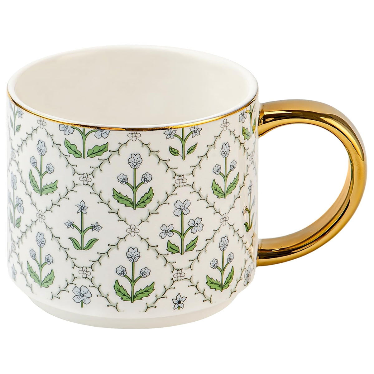 Floral quilted bone china coffee mug with gold handle