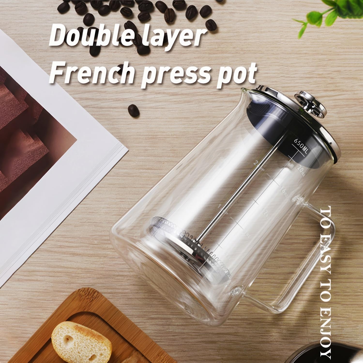 French Press Coffee Maker 22Oz - Double-Wall Insulated Borosilicate Glass - Ergonomic Handle - Coffee Gift - Tea & Coffee Press - Blissbrew