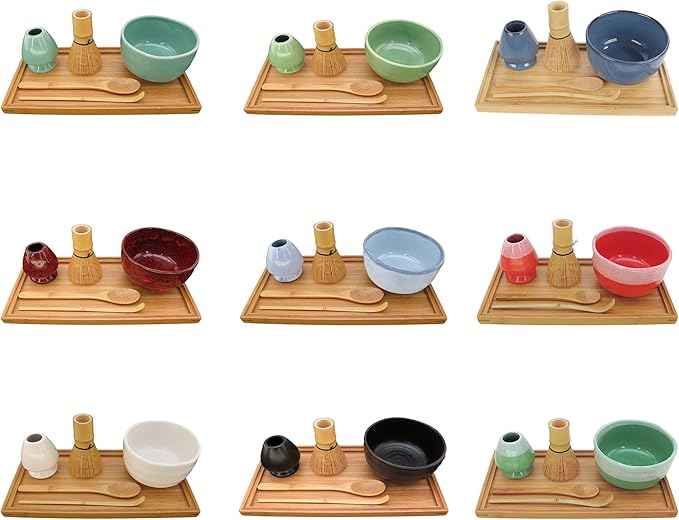 BambooMN Brand - Matcha Bowl Set (Includes Bowl, Rest,Tea Whisk, Chasaku, Tea Spoon & Tray) 1 Set Deep Red w/Black