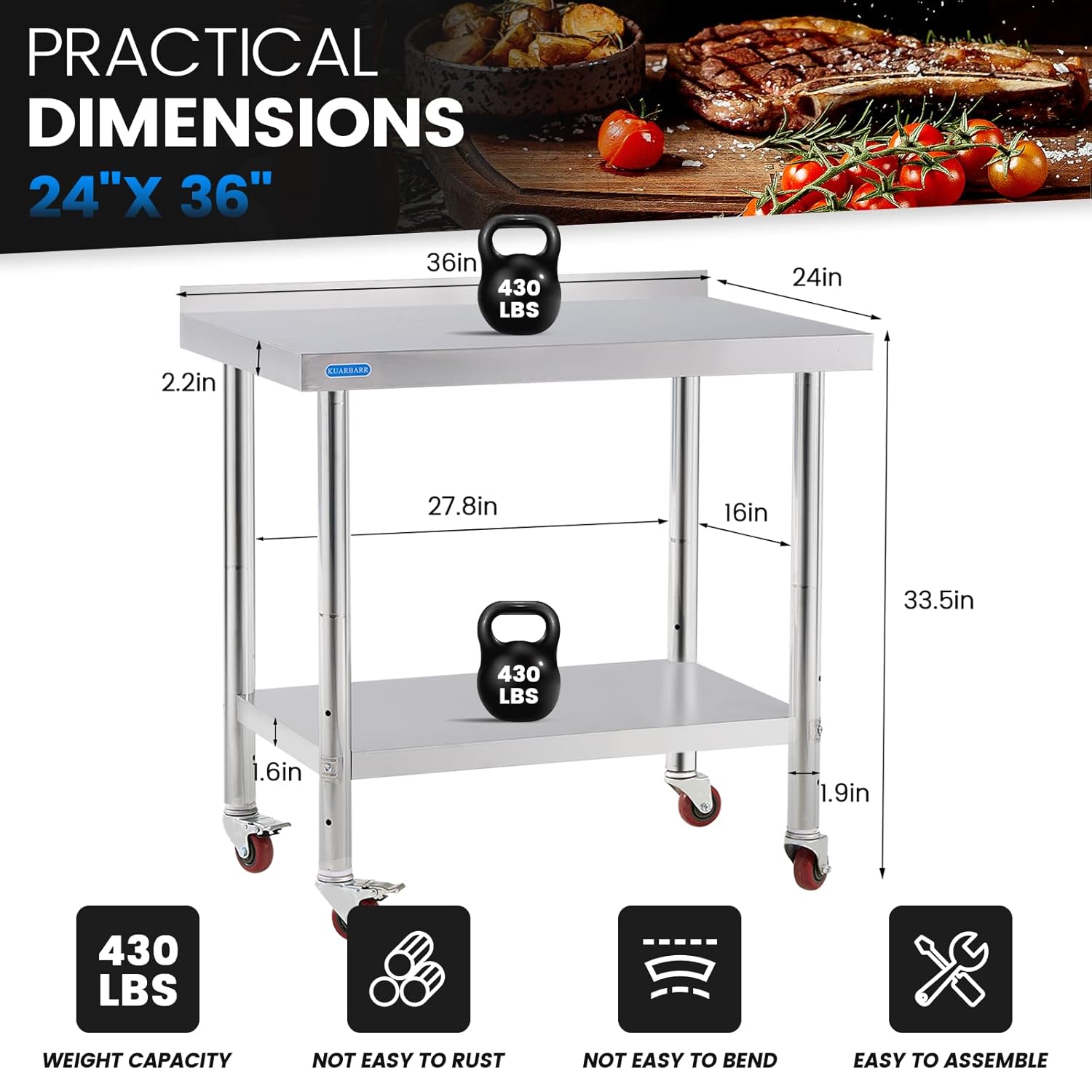 Stainless Steel Table for Prep & Work with 4 Caster Wheels with Backsplash 24 x 36 NSF Metal Commercial Kitchen Adjustable Under Shelf Worktable for Restaurant Home Outdoor