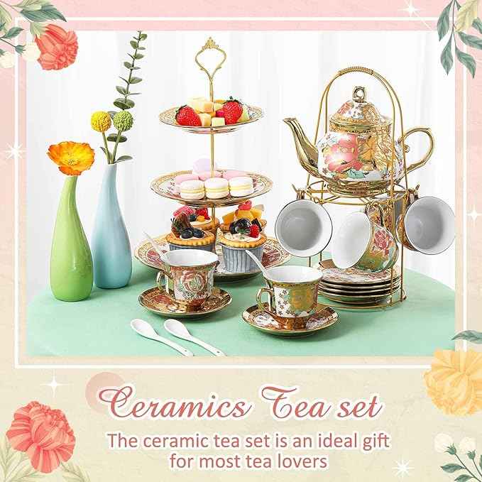 Maxcheck 21 Pcs Porcelain Tea Set for Women Tea Party with Metal Holder and 3 Tier Cake Stand Ceramic European Floral Teapot Set for Adults Mother's Day Christmas Thoughtful Gift(Vintage Style)