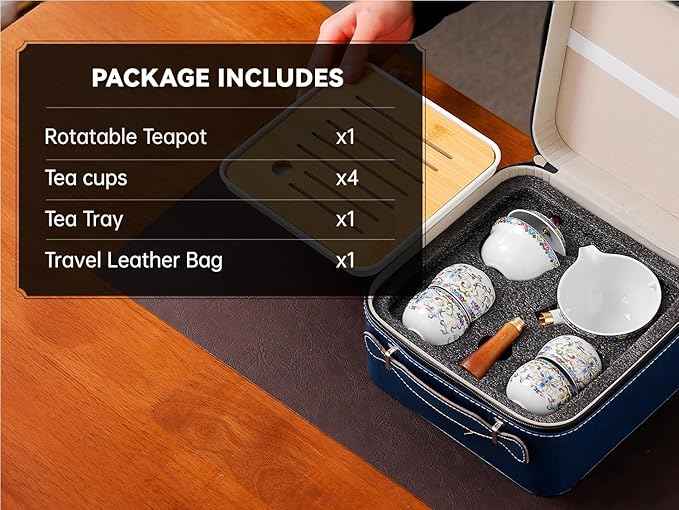 Chinese Tea Set Gongfu Tea Set, Japanese Tea Set with 360 Rotation Tea Maker and Infuser,Leather Bag for Travel, Outdoor,Office, Home, Gifting (4cups-White Treasure Flower)