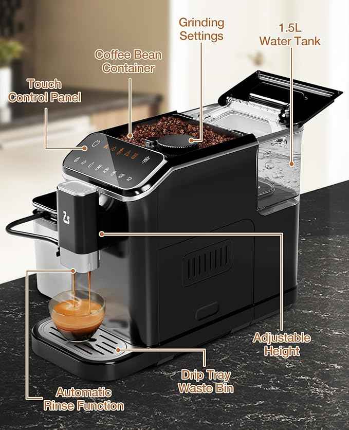 Zstar Fully Automatic Espresso Machine with Milk Frother, Professional Espresso Maker with Grinder, Auto-Cleaning, One-Touch Operation, 1.5L Water Tank for Latte, Cappuccino, Macchiato