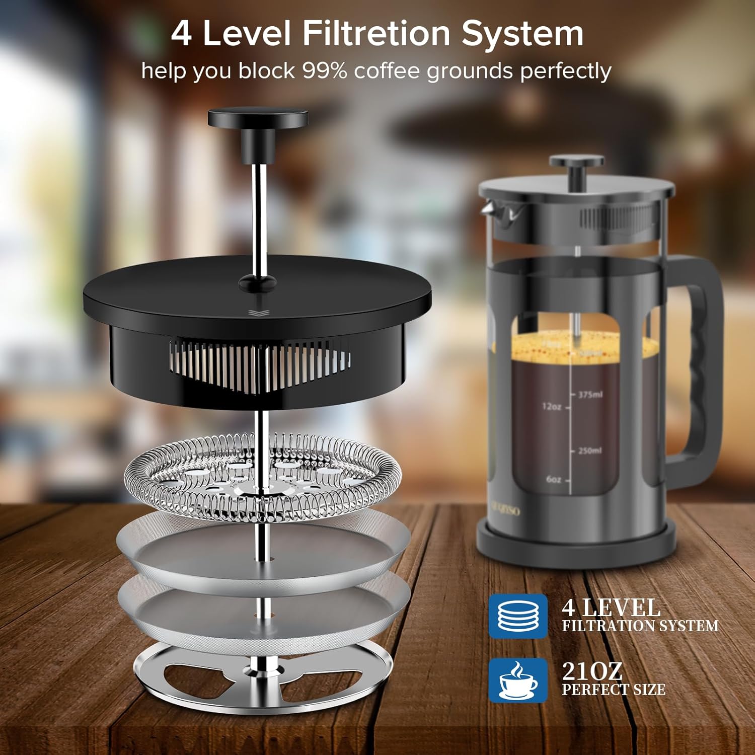 French Press Coffee Maker, French Press 304 Stainless Steel with 4 Filter, Heat Resistant Durable, Easy to Clean, Borosilicate Glass Coffee Press, 100% BPA Free Glass Teapot, 21 ounce, Dark Pewter - Blissbrew