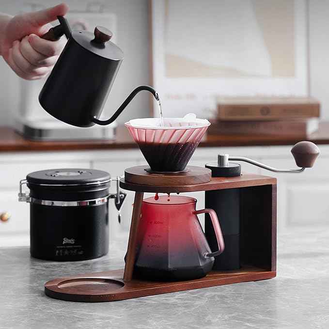 Bincoo Pour Over Coffee Maker Set - Borosilicate Glass Dripper with Walnut Handle & Glass Lid, 50 pcs Paper Filters Included
