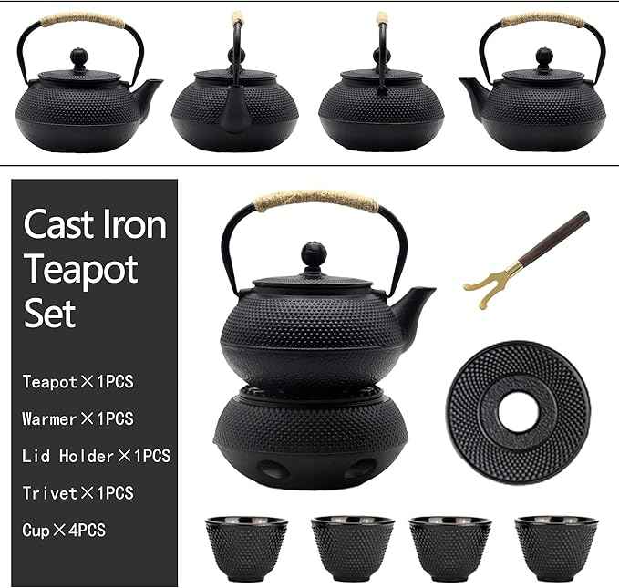 20.3oz Small Cast Iron Teapot Set with Warmer, Japanese Black Tea Kettle for Stovetop Safe, Teapot and Cups Set, Tea Pot with Stainless Steel Infuser for Loose Tea(600ml)