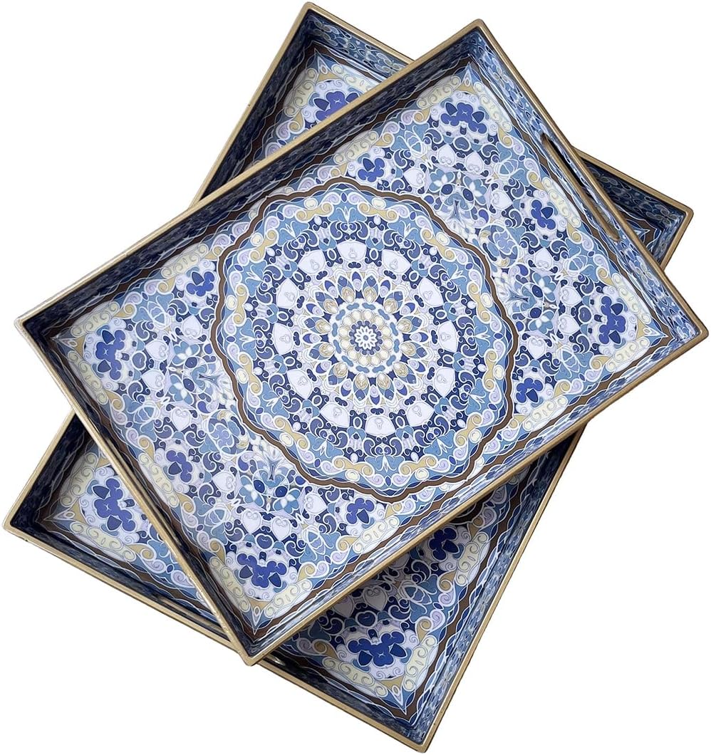 Boho Decorative Tray, Modern Blue Serving Tray with Handles, Ottoman Trays Set of 2, Plastic Coffee Table Tray for Living Room, Bathroom, Kitchen, Decor, Large 15.7”*11.8”, Small 13.7