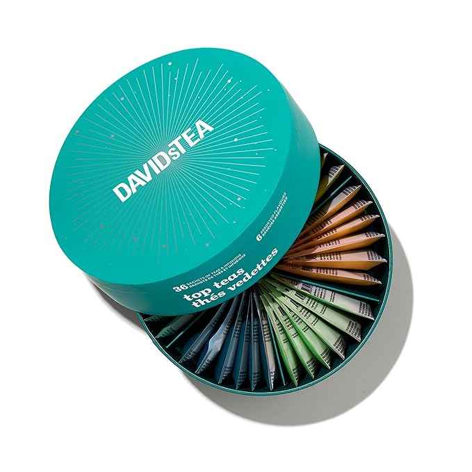 DAVIDsTEA 36-Sachet Top Teas Sachet Tea Wheel – Bestselling Tea Sampler Gift Set | 6 Loose-Leaf Flavours: Morning Detox, Cream of Earl Grey, Cinnamon Rooibos, Buddha’s Blend, Silk Dragon Jasmine & Forever Nuts