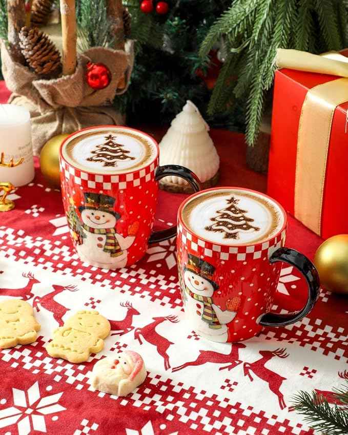 HASENSE Christmas Coffee Mugs Set of 6,15oz Ceramic Mug Gift, Matching Xmas Holiday Cups with Handles for Hot Cocoa,Coffee,Christmas Gifts for Women,Family, Friends