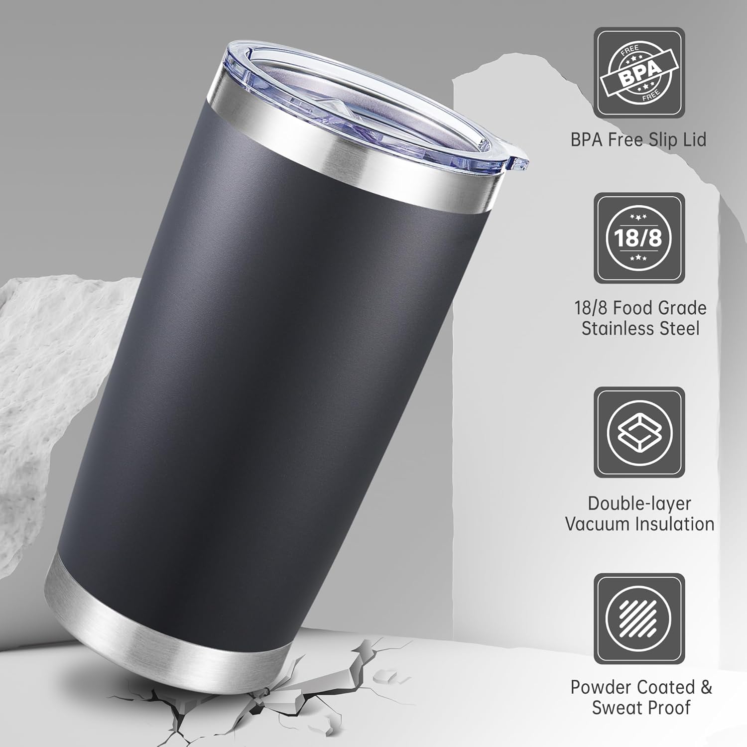 20 oz Tumblers Bulk Stainless Steel Tumbler with Lid Double Wall Vacuum Insulated Coffee Mug 20oz Powder Coated Cup for Hot and Cold Drinks, Black, 12 pack