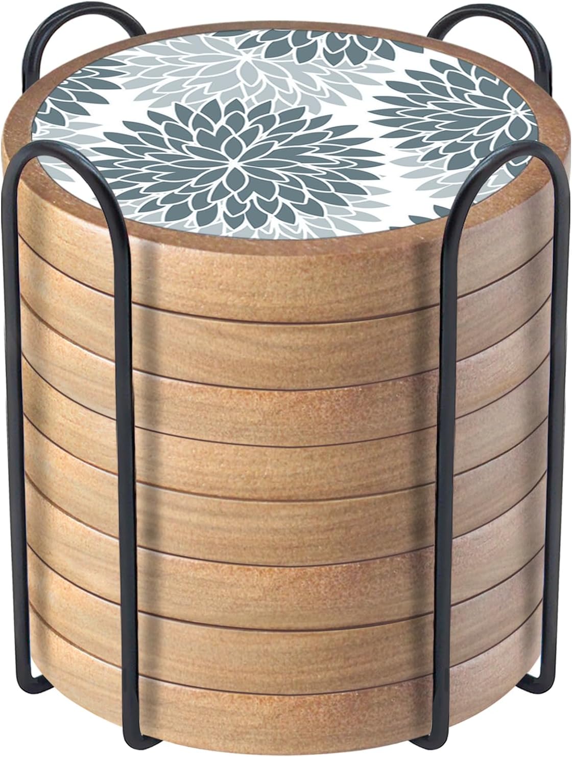 Wood Coasters Set of 8 with Holder, Cewiru Cup Mat for Drinks, Absorbent Coasters with Felt Insert for Coffee Table Protection, Modern Style Home Dining Table Decor, 4.3